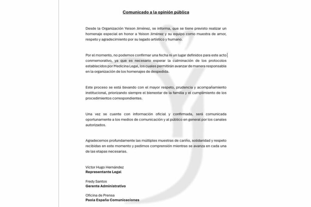 Comunicado organización Yeison Jiménez / Cortesía 