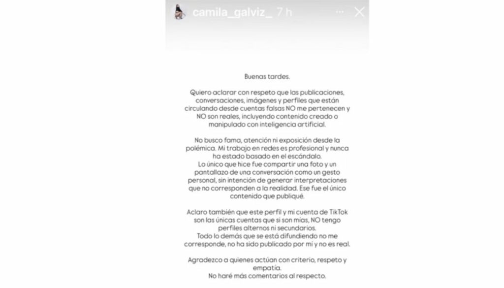 Mensaje de Camila Galviz / Instagram
