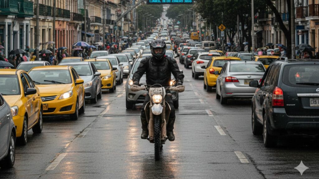 Motociclista en calle de Bogotá / Gemini IA 