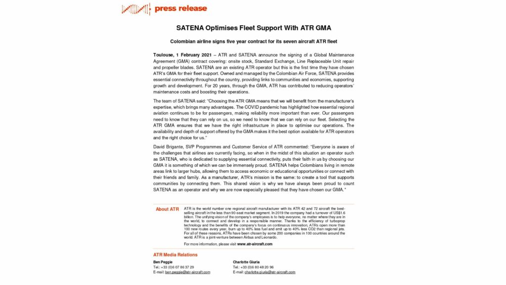 Contrato de Satena con ATR / Página de ATR 