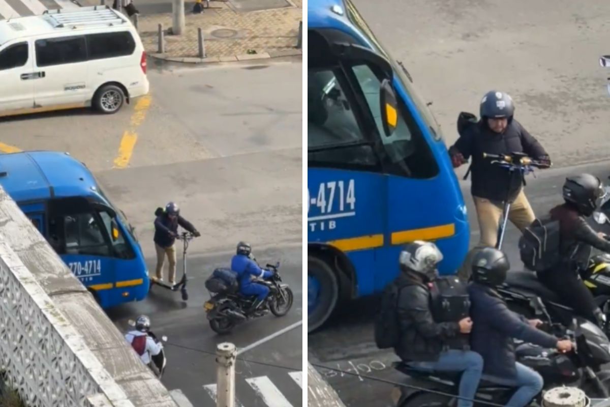 Momento en el que el conductor de un bus del SITP se le avienta a un hombre que iba en un monopatín
