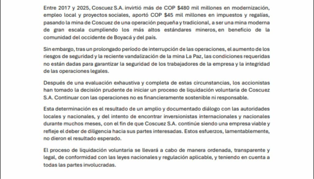 Comunicado de Minera Coscuez S. A. / X: @larepublica_co