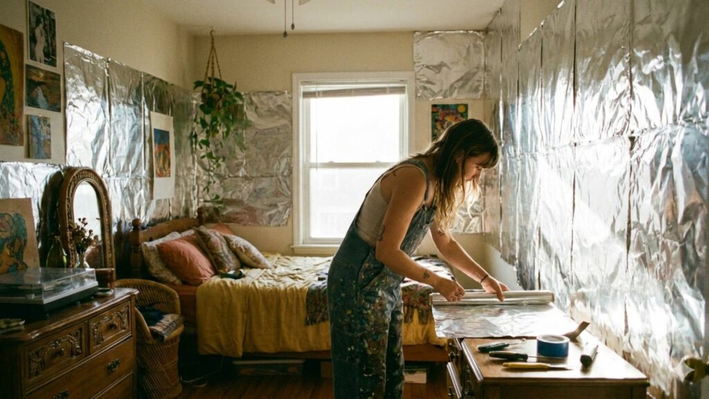Mujer pegando papel aluminio en la pared / Gemini IA
