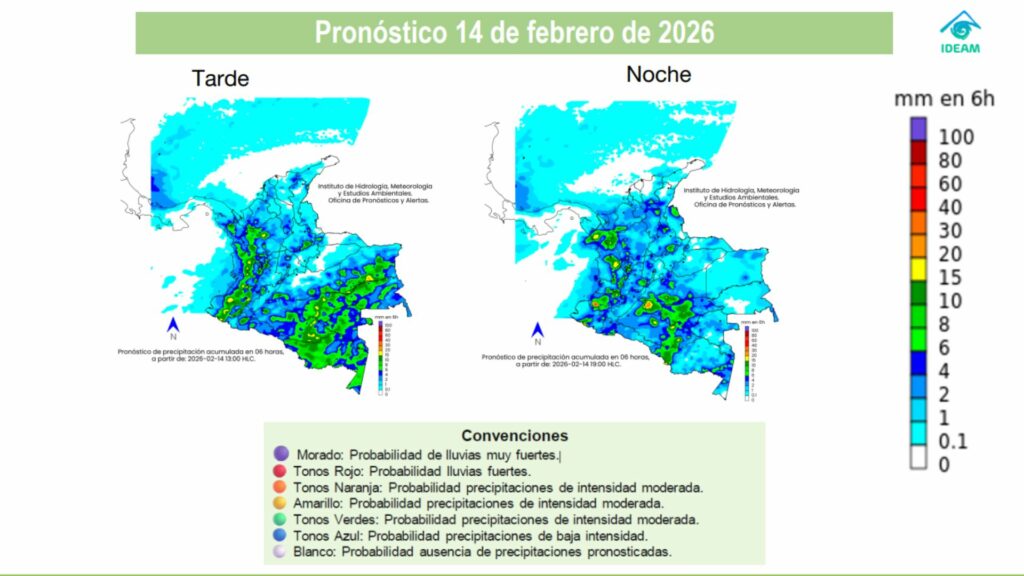 Captura de pantalla de pronóstico del Ideam 14 de febrero en la tarde / Página Ideam 