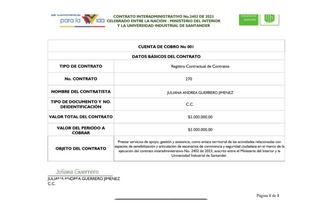 Pago del contrato de Juliana Guerrero en 2024.