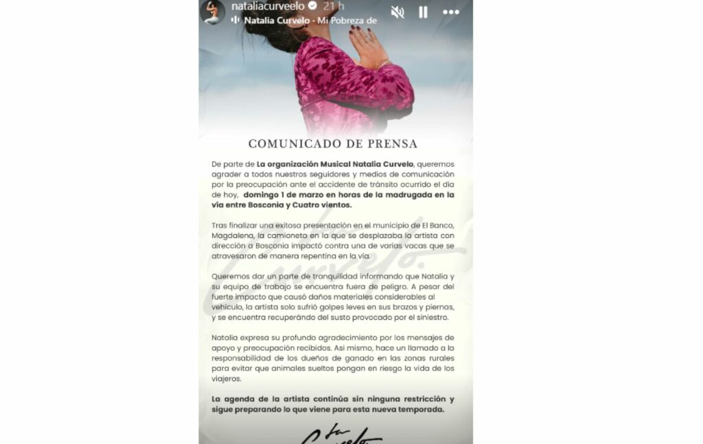 Comunicado de pensa de Natalia Curvelo.