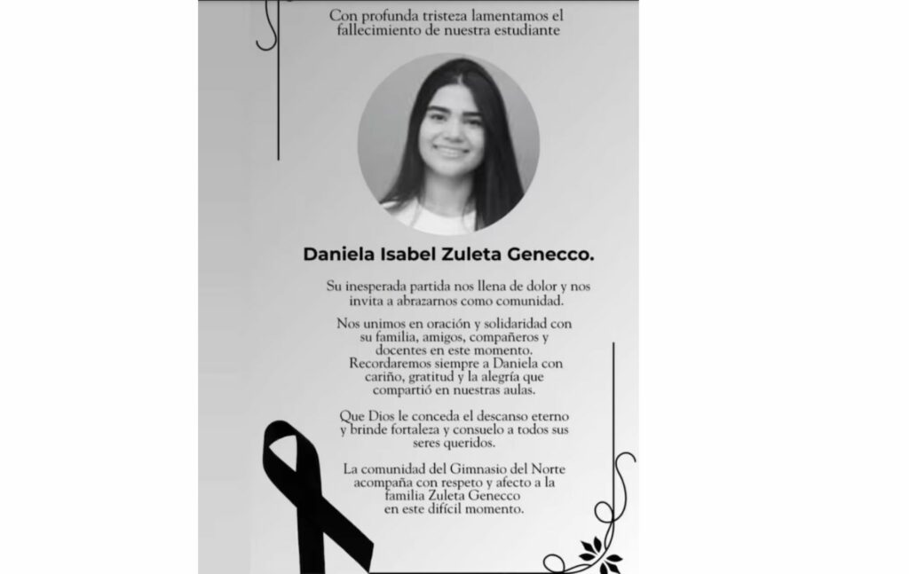 Comunicado del colegio Gimasio del Norte, institución donde estudiaba Daniela Zuleta Gnecco.
