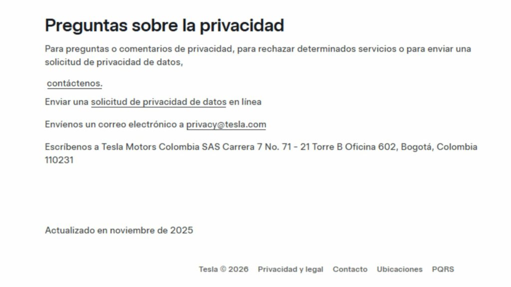 Dirección que aparece en la página de Tesla / Captura de pantalla página web de Tesla 
