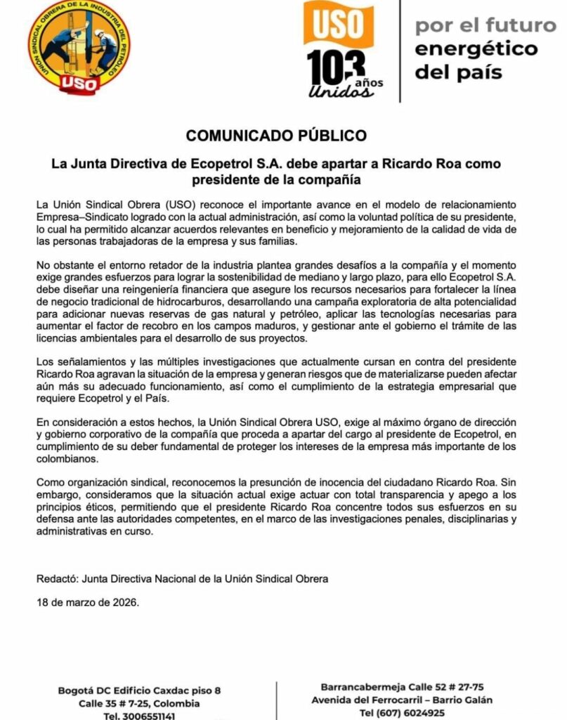 Carta de sindicato de Ecopetrol en la que piden que retiren a Ricardo Roa de la presidencia / USO