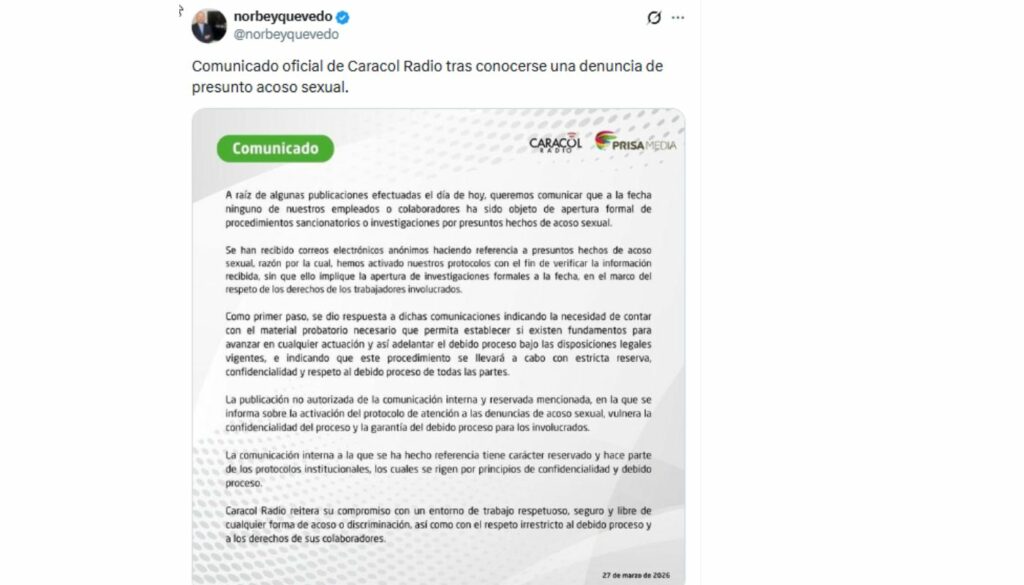 Comunicado de Caracol Radio (X: @norbeyquevedo)