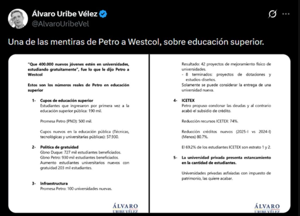 Trino de Álvaro Uribe / X: @AlvaroUribeVel