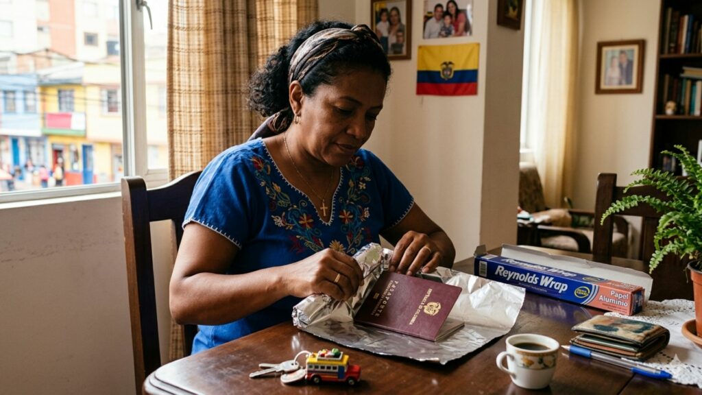 Mujer envolviendo pasaporte en papel aluminio / Gemini IA 