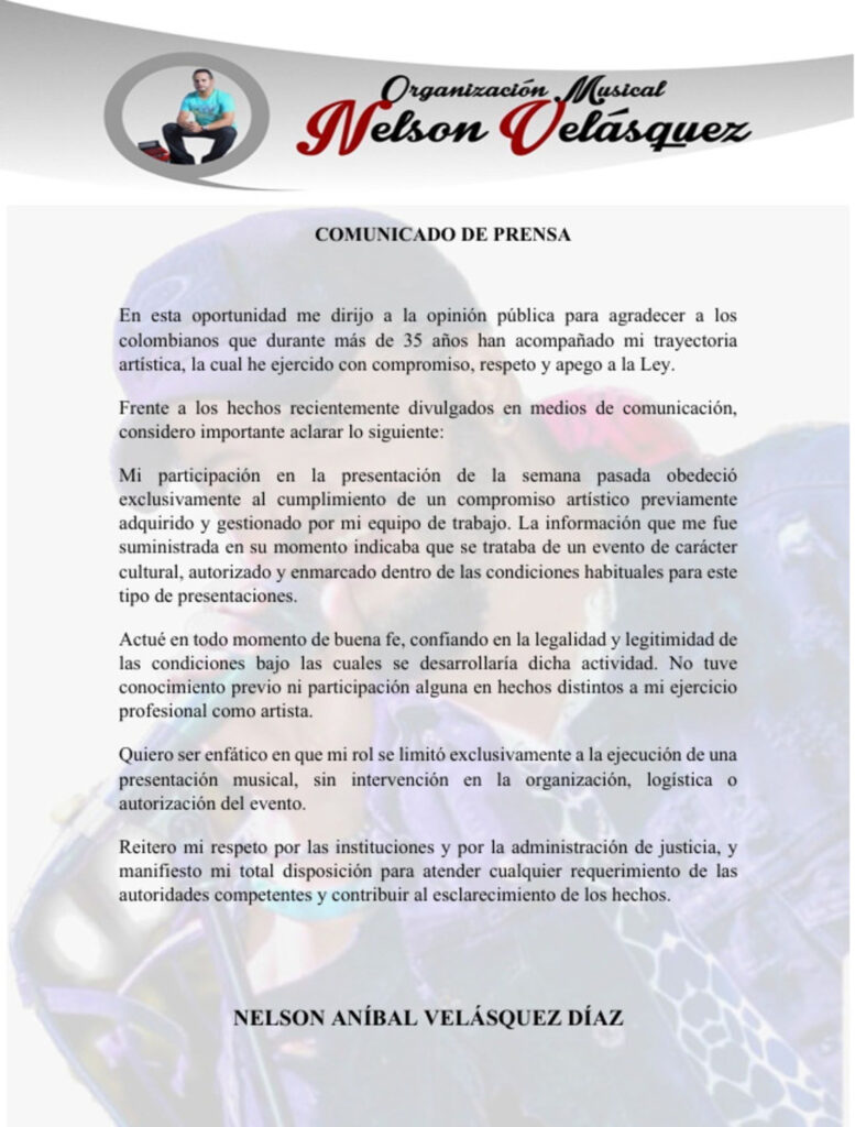 Comunicado de Nelson Velásquez / Equipo de comunicaciones de Nelson Velásquez