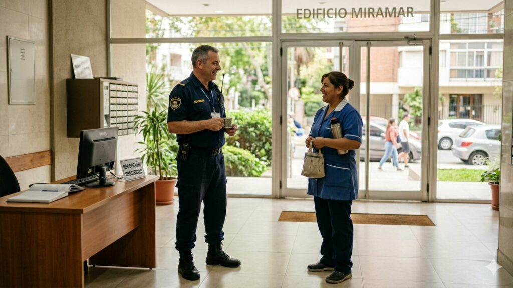 Guarda de seguridad y una empleada doméstica / Gemini IA 