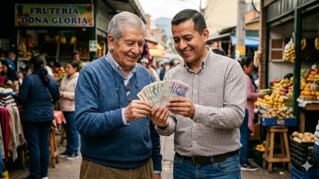 Adulto mayor y su hijo contando dinero / Gemini IA 