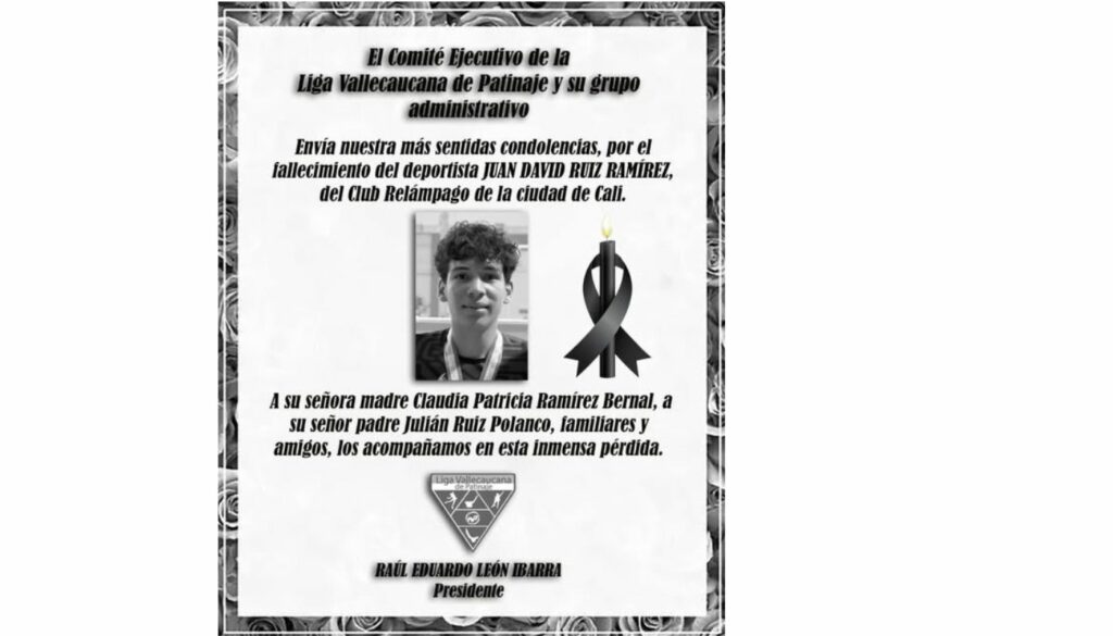 Liga vallecaucana de patinaje se pronunció sobre muerte de Juan David Ruiz (Facebook: @ Liga Vallecaucana de Patinaje)