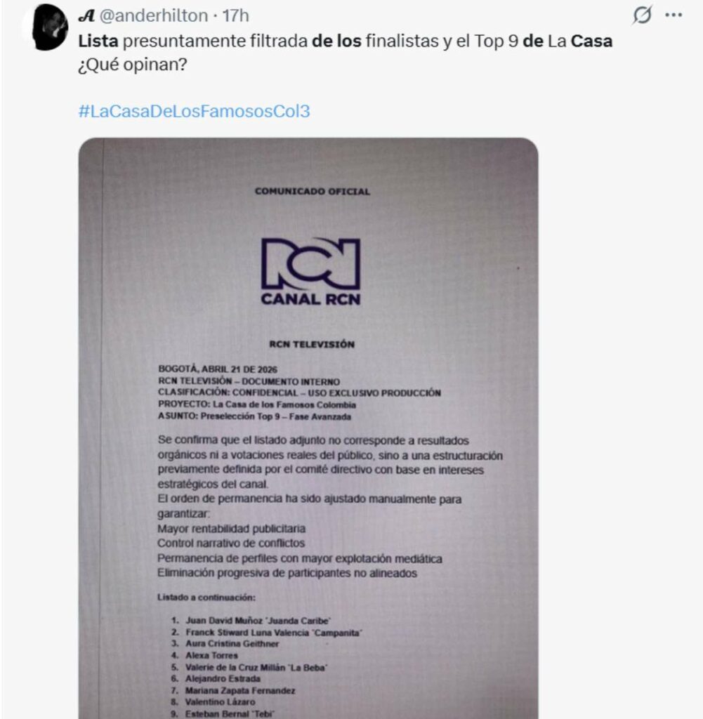Publicación con supuesta lista de finalistas de La casa de los famosos / X @anderhilton