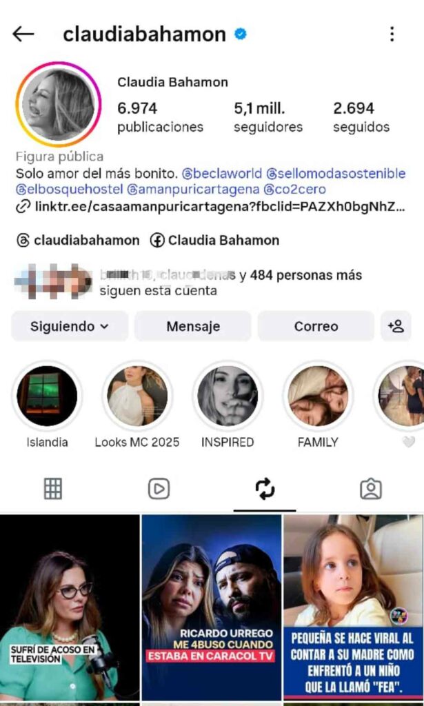 Reacción de Claudia Bahamón a acoso contra María José Martínez / Instagram @claudiabahamon