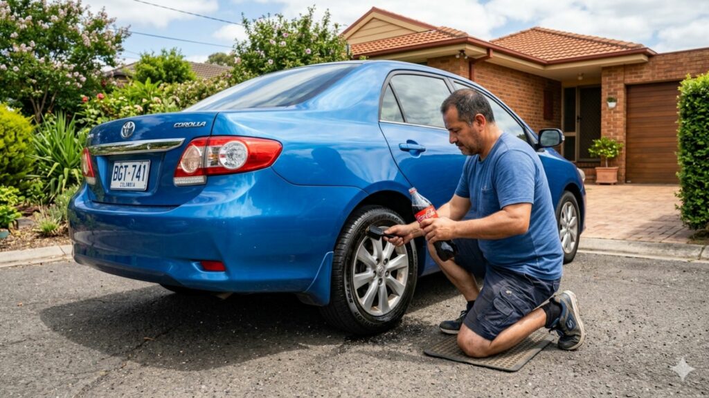 Hombre aplicando Coca-Cola a su carro / Gemini IA 