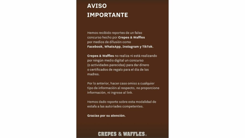Comunicado de Crepes & Waffles / Captura de pantalla IG: @crepesywaffles