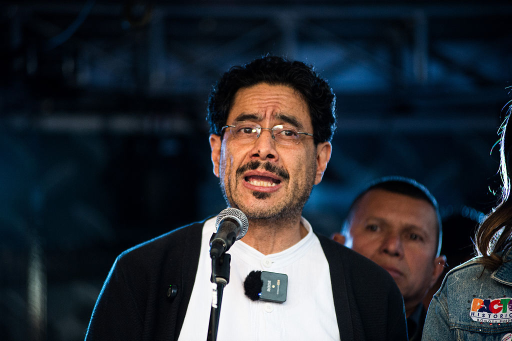 Pre-presidential candidate Ivan Cepeda Castro gives a speech during a rally in Bogota, Colombia, on January 20, 2026. (Photo by Sebastian Barros/NurPhoto via Getty Images)