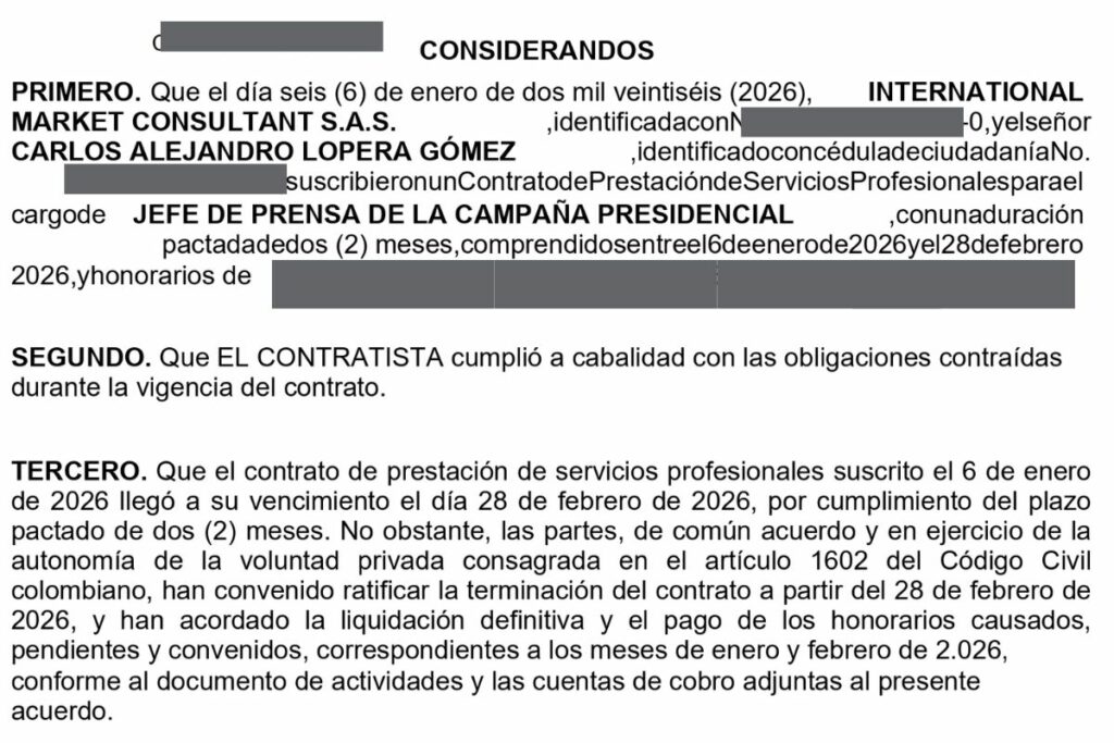 Acuerdo de pago con jefe de campaña Gustavo Matamoros / Suministrada