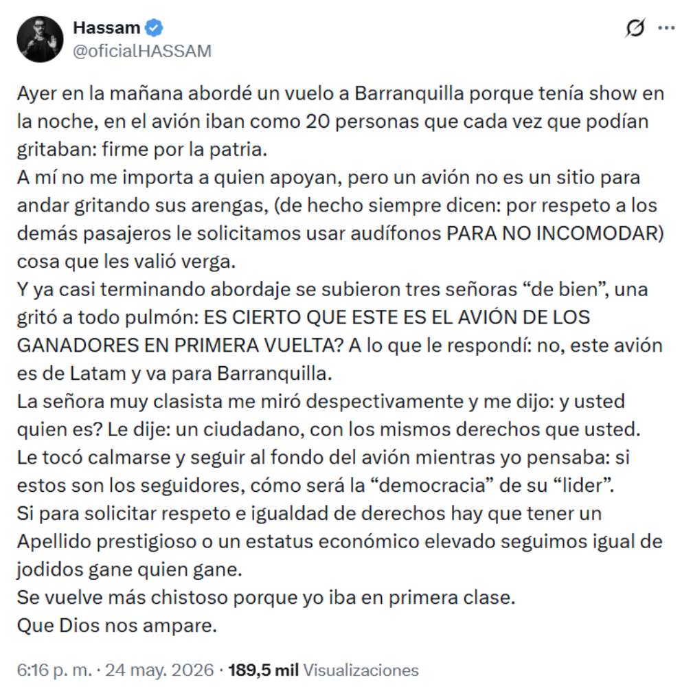 Publicación Hassam sobre seguidores de Abelardo de la Espriella / X @oficialhassam