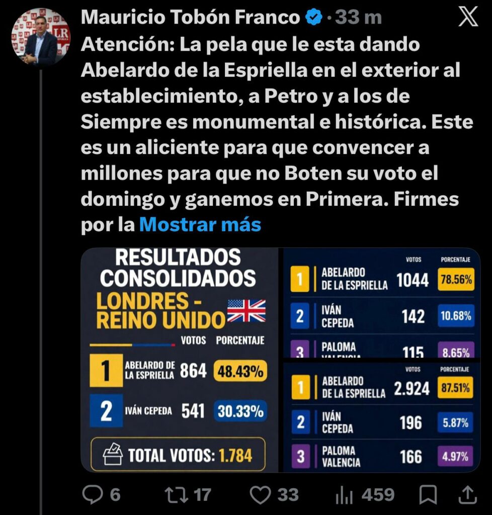Supuestos resultados de votaciones en el exterior / Pantallazo de X: @Mauriciotobonf