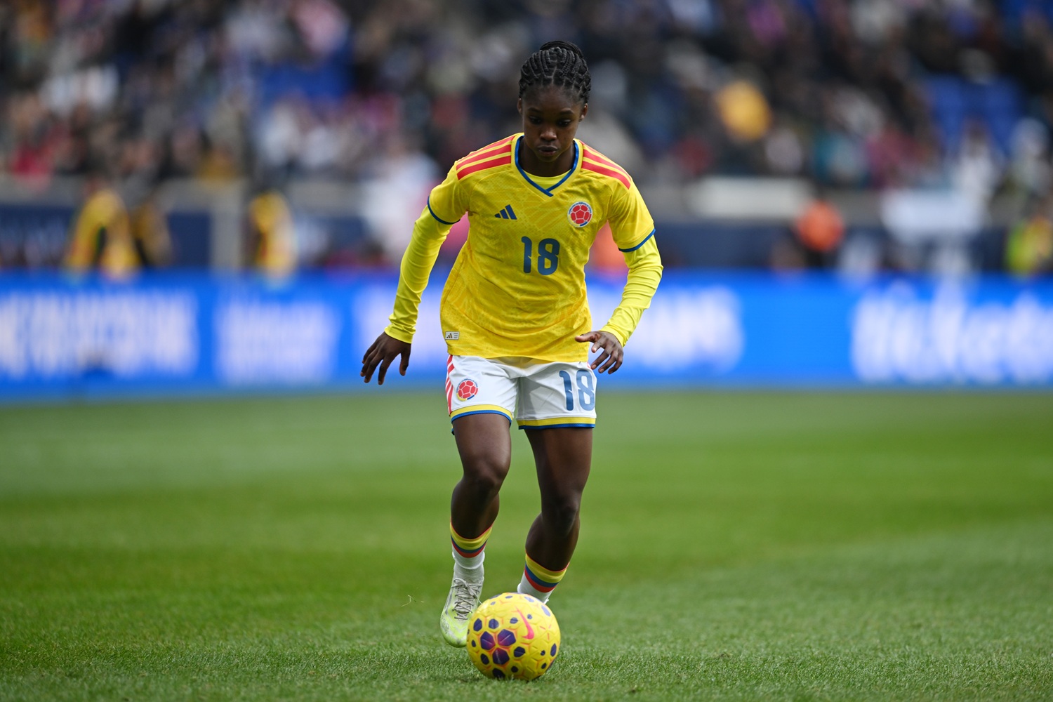 HARRISON, NEW JERSEY - MARCH 07: Linda Caicedo #18 of Colombia controls the ball against the United States during a SheBelieves Cup match at Sports Illustrated Stadium on March 07, 2026 in Harrison, New Jersey.  (Photo by Stephen Nadler/ISI Photos/USSF/Getty Images)