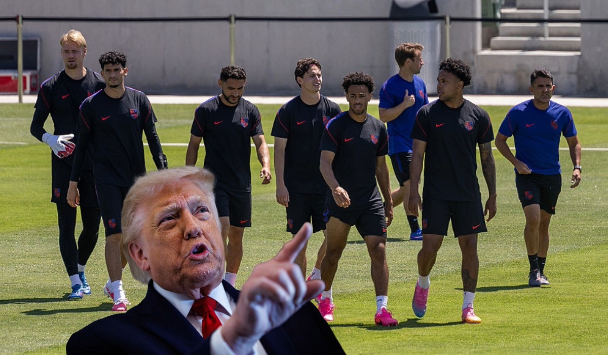 De fondo, la selecciónde Estados Unidos durante un entrenamiento el 11 de junio de 2026 en Irvine, California. Destacado, el presidente Donald Trump habla con los reporteros a bordo del Air Force One rumbo a Chippewa Falls, Wisconsin, el 5 de junio de 2026 