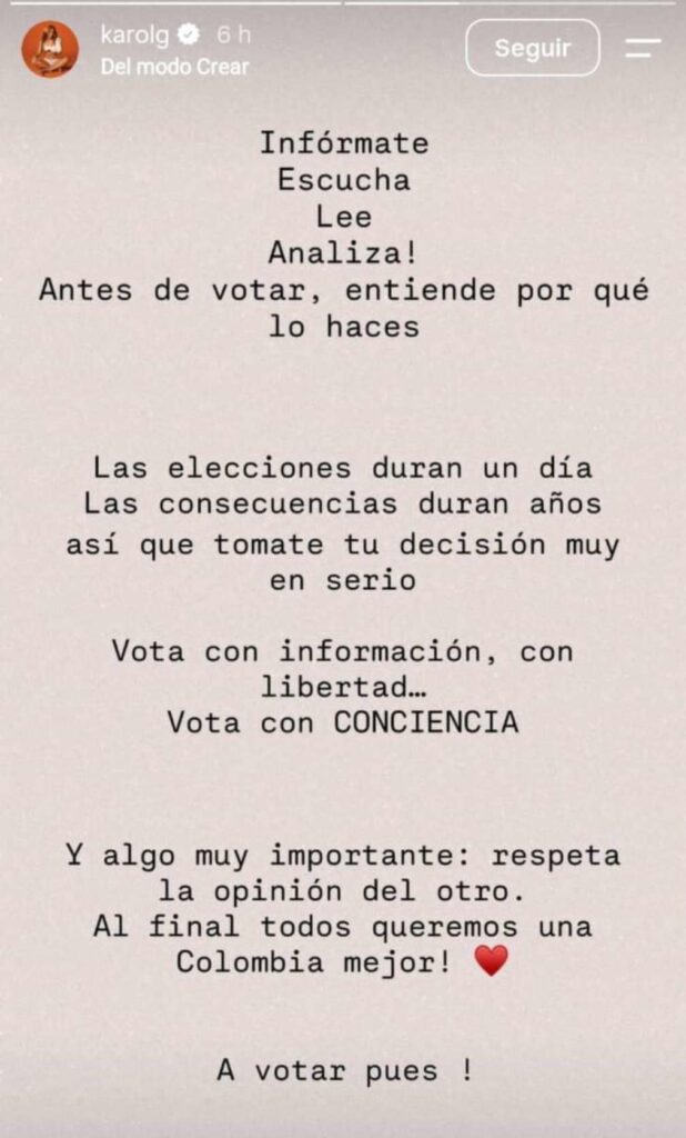 Karol G sobre elecciones en Colombia / Instagram @karolg