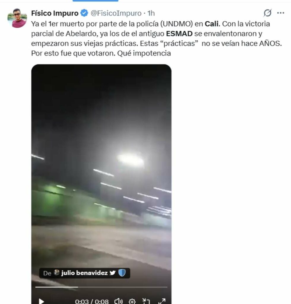 Publicación sobre disturbios en Cali/ X @FisicoImpuro