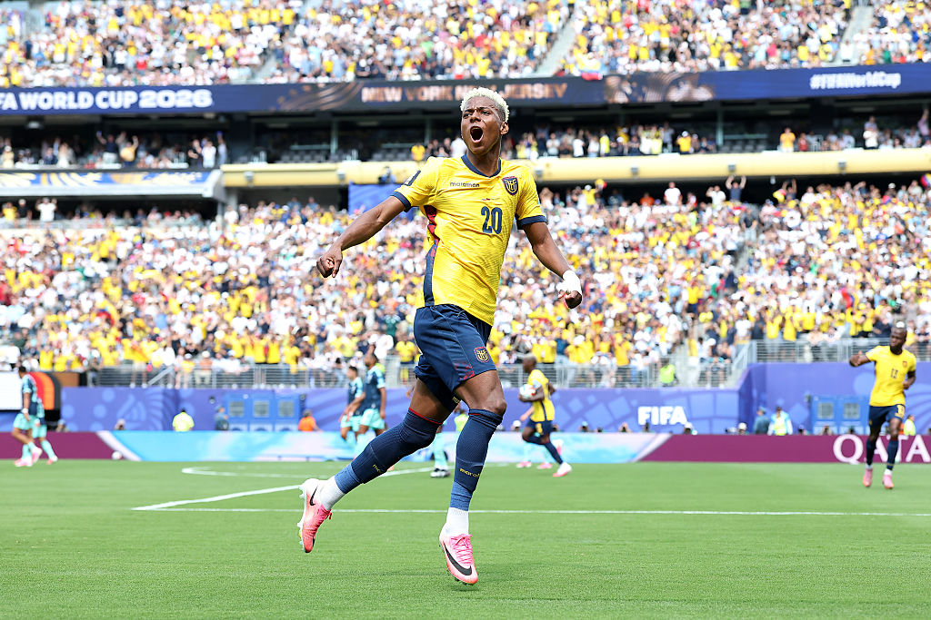 Nilson Angulo celebrando su gol para Ecuador vs. Alemania en el Mundial 2026