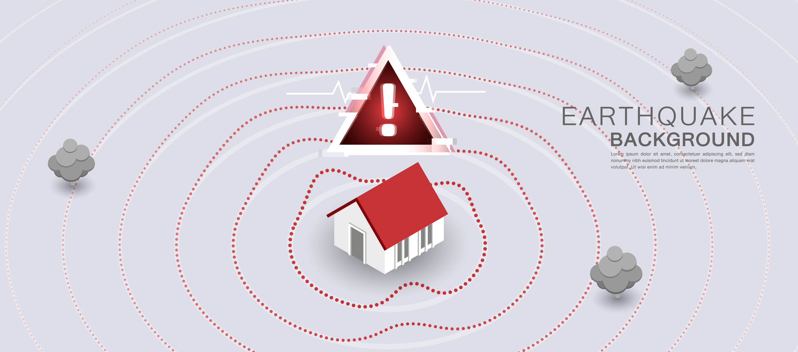 Earthquake-themed graphic Terremotos: puede temblar cuando hace más calor o cambio de temperaturaconcentric wave lines, a central house, alert symbol, and minimal trees perfect for designers creating emergency or awareness visuals.