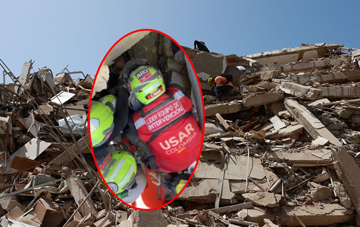 De fondo, una vista de un edificio luego del terremoto en Venezuela; resaltado el momento del rescate de Moisés, menor sobreviviente a la tragedia.