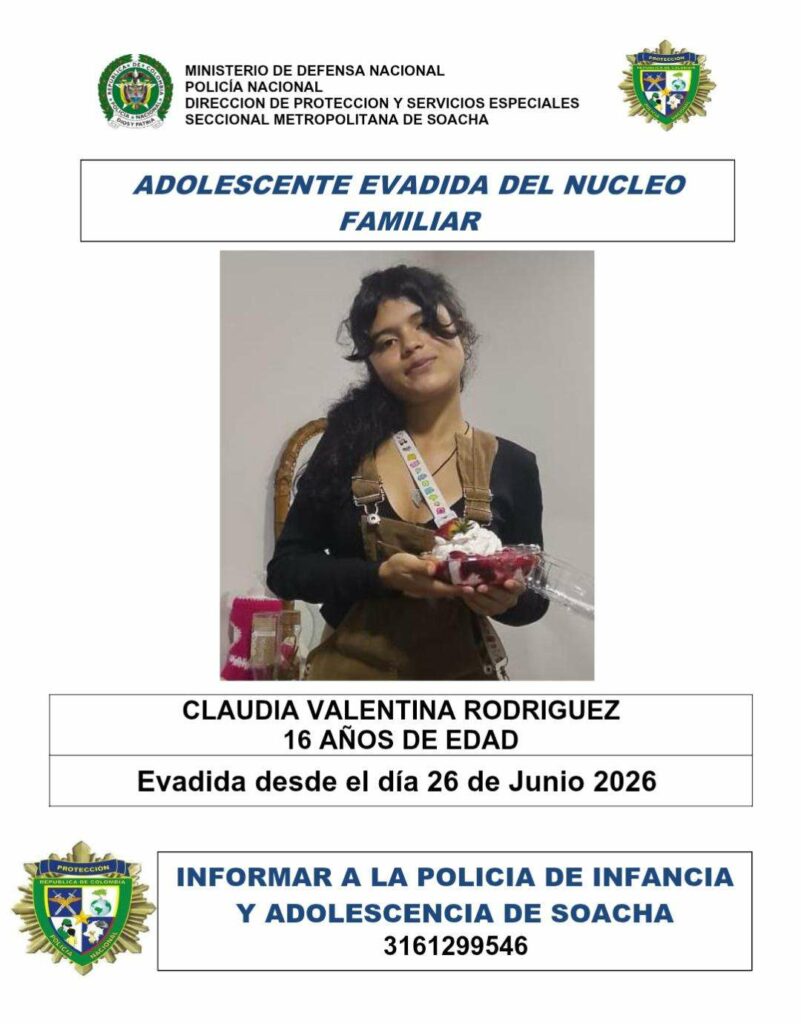 Cartel de alerta de desaparición de menor en Bogotá