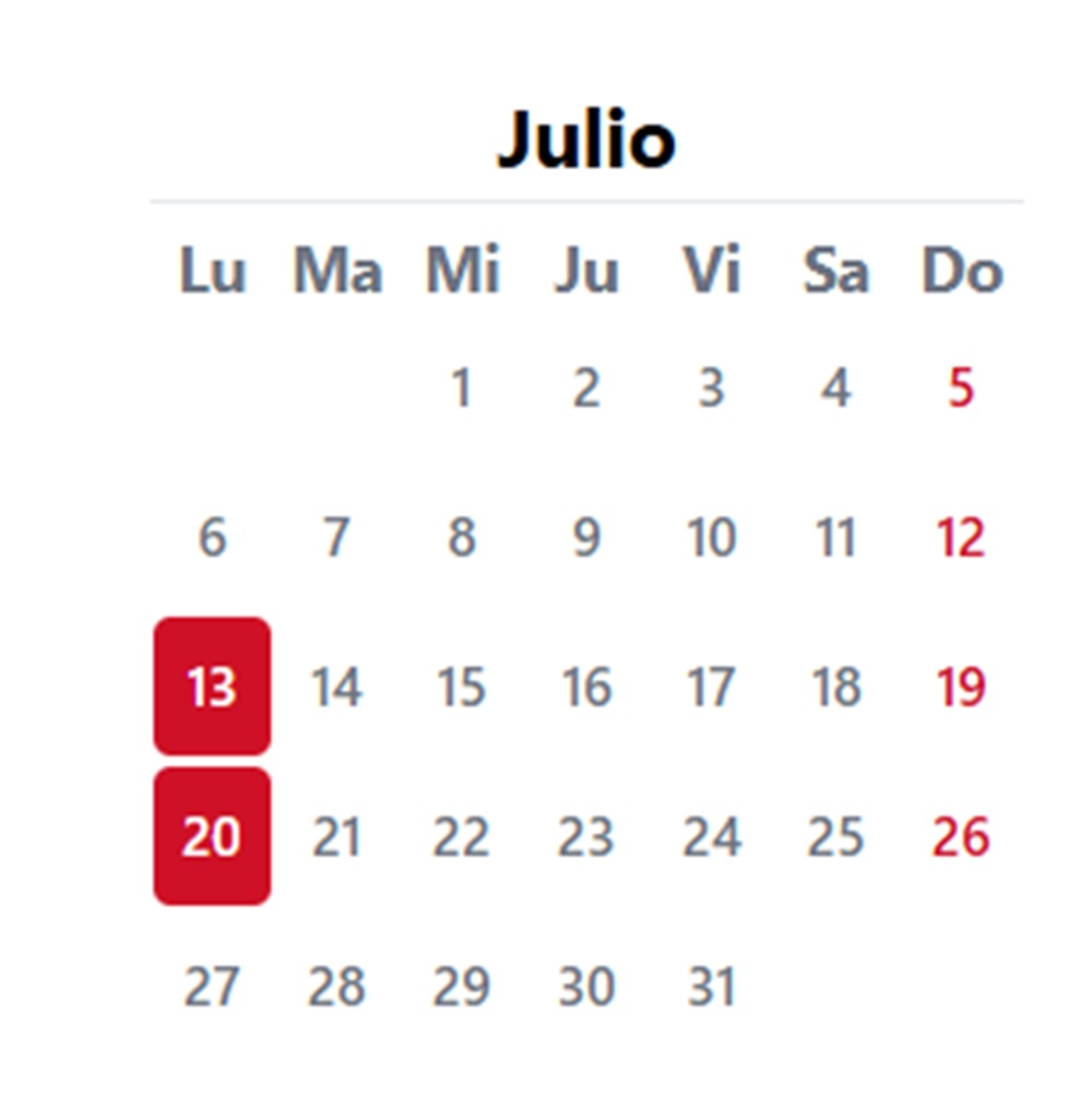 Calendario de julio 2026