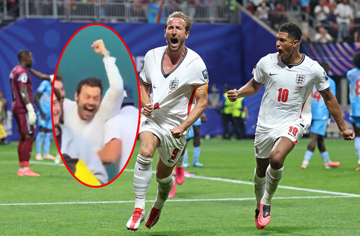 De fondo, Harry Kane, # 9 de Inglaterra, celebra con Jude Bellingham, # 10, tras anotar el primer gol de su equipo durante el partido de dieciseisavos de final de la Copa Mundial de la FIFA 2026 entre Inglaterra y la RD del Congo en el Atlanta Stadium el 1 de julio de 2026 en Atlanta, Georgia; destacado, Harry Styles celebrando el tanto a la distancia.