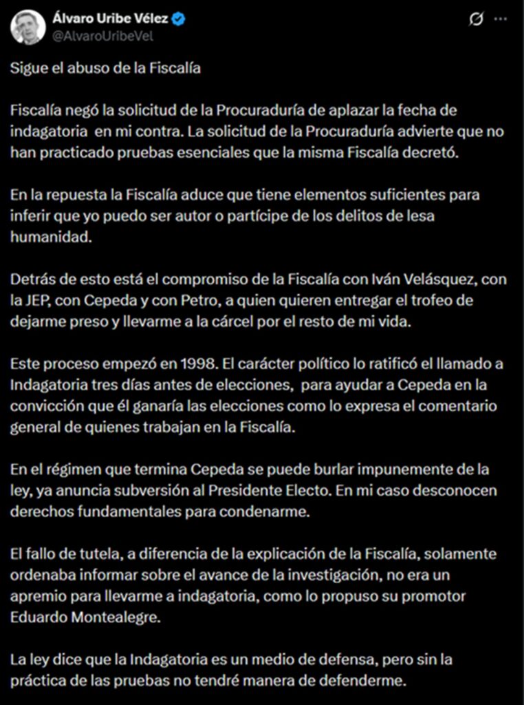 Trino de Álvaro Uribe / X: @AlvaroUribeVel