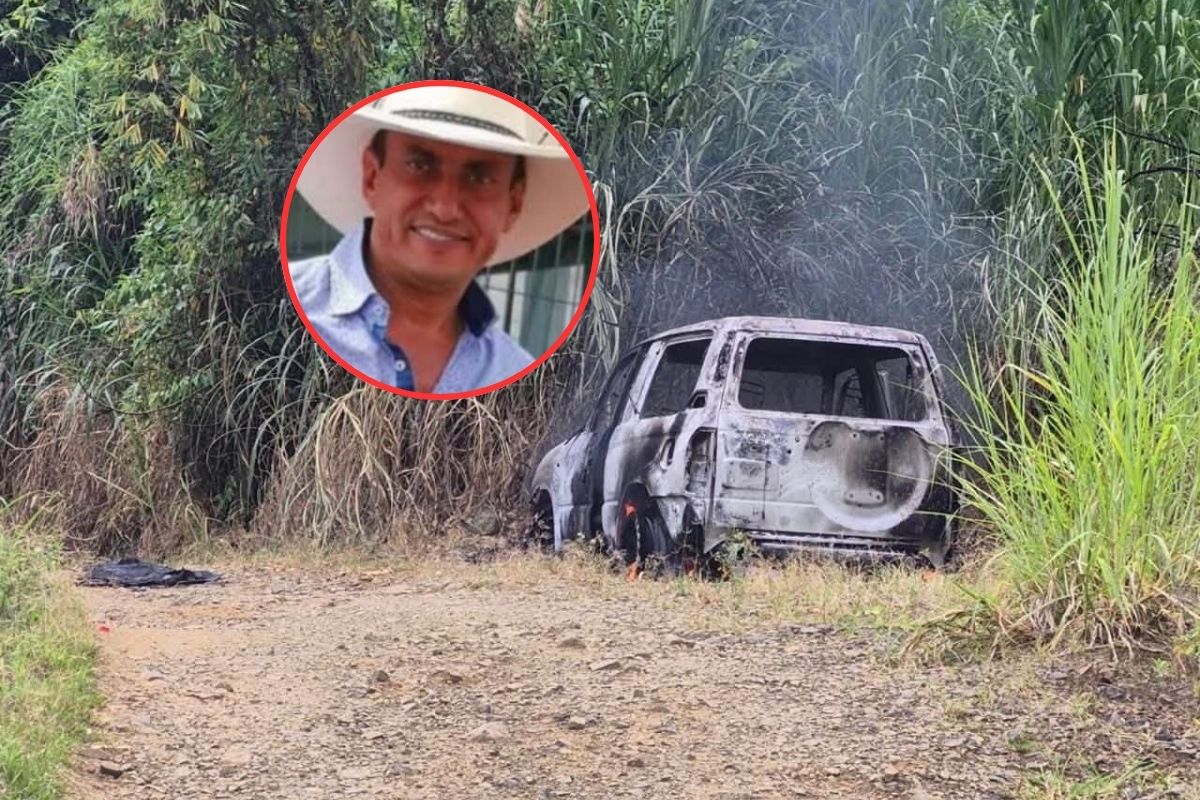 Así quedó la camioneta (fondo) de Gildardo Peña (círculo), ganadero asesinado en el Valle del Cauca. Le incineraron el vehículo