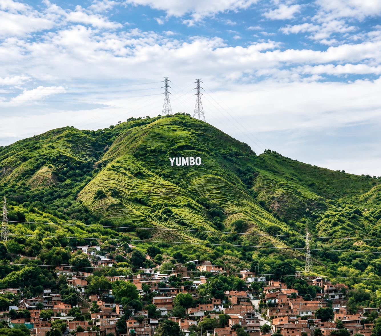 Pueblo colombiano con letrero de Hollywood: turismo Yumbo Valle del Cauca