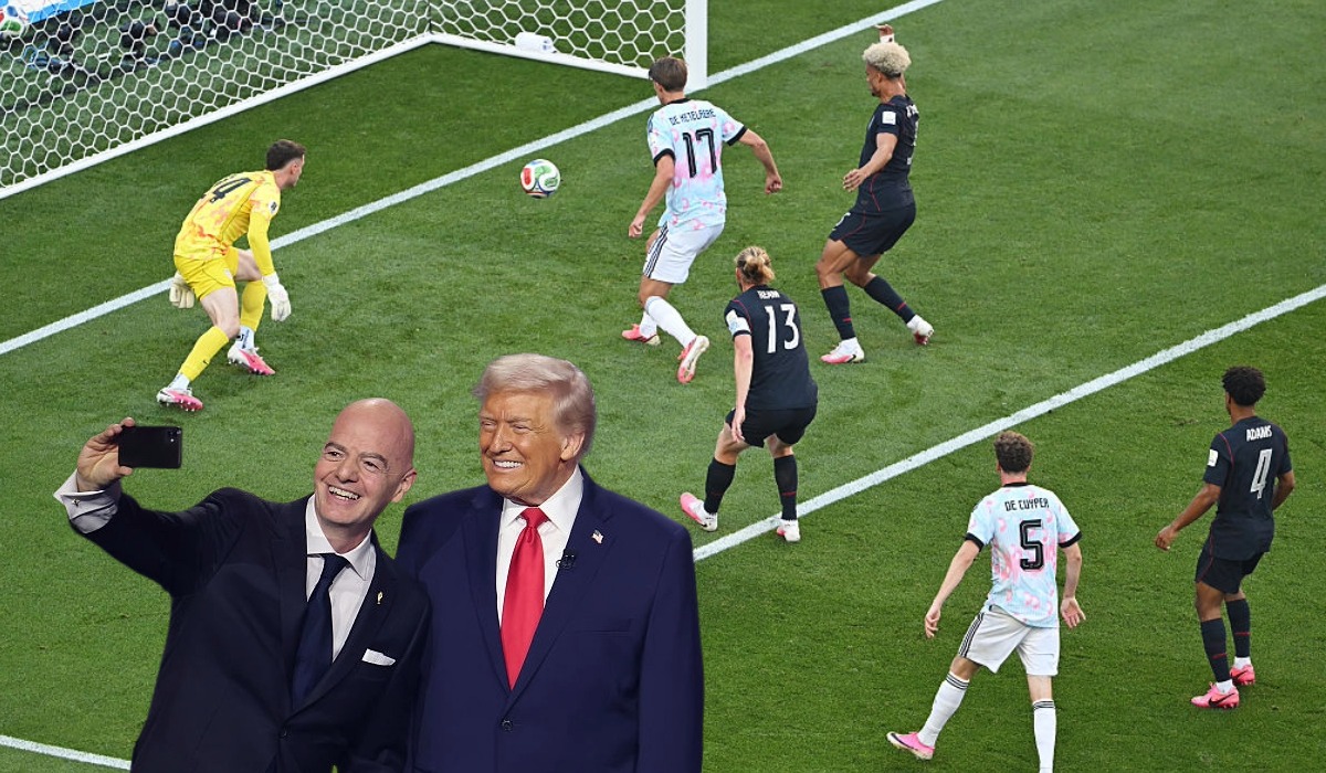 De fondo, Charles De Ketelaere, # 17 de Bélgica, anota el primer gol de su equipo durante el partido de octavos de final de la Copa Mundial de la Fifa ante Estados Unidos en el Seattle Stadium el 6 de julio de 2026. Destacados, Donald Trump, presidente de Estados Unidos, y Gianni Infantino, presidente de la Fifa / Fotocomposición de Pulzo con imágenes de Getty Images
