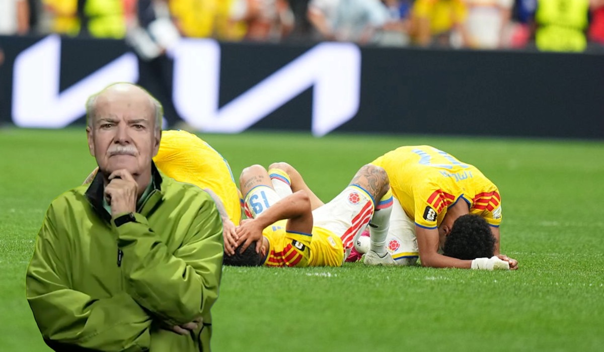 De fondo, jugadores de Colombia, devastados tras la tanda de penaltis durante el partido de octavos de final de la Copa Mundial de la FIFA 2026 ante Suiza en el BC Place en Vancouver, Canadá, el 7 de julio de 2026 (Getty Images); resaltado, Iván Mejía (@RTVCnoticias)  