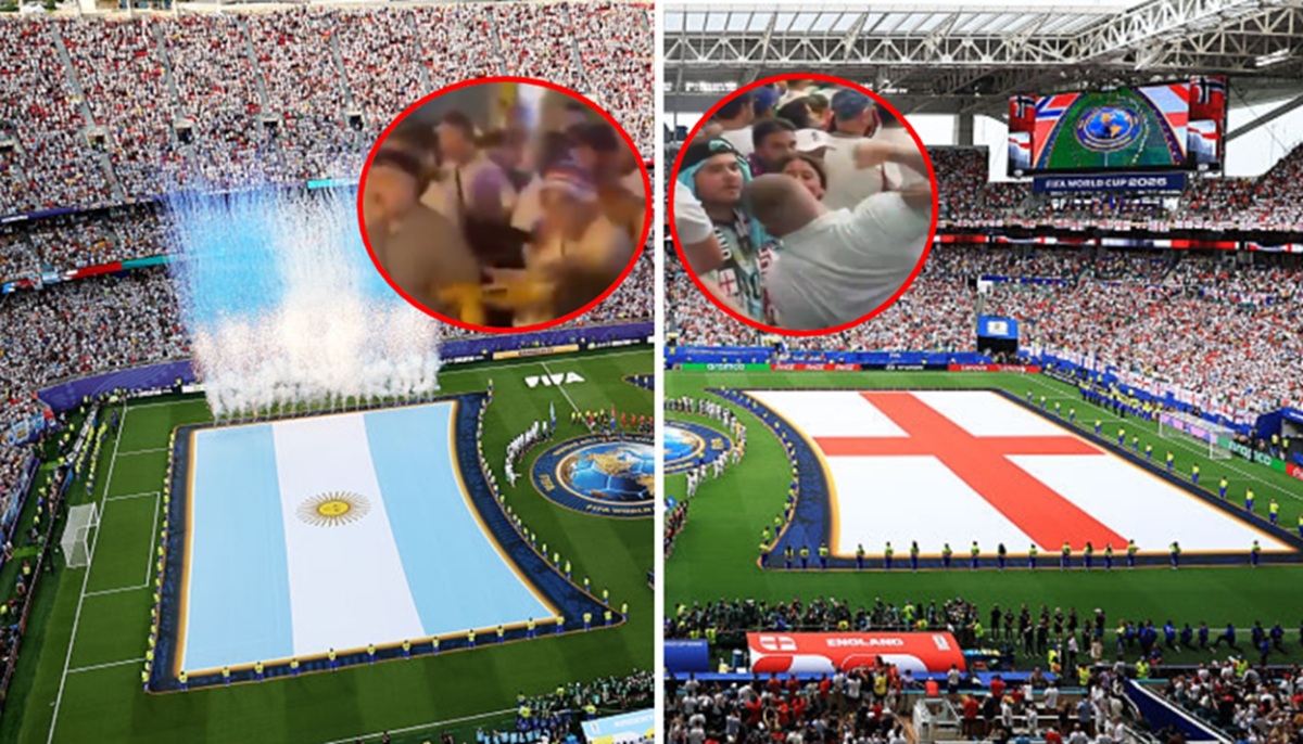 De fondo, las hinchadas de Argentina y de Inglaterra (Getty Images); resaltadas, las imágenes de peleas entre seguidores de ambas selecciones (X: @AlertaArgNews y X: @Barras_LATAM) / Fotocomposición de Pulzo
