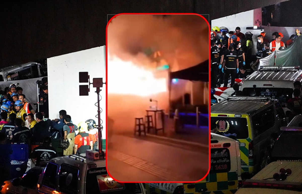 De fondo, la recuperación de los cuerpos de las víctimas del incendio en Tailandia (Getty Images); resaltado, el momento de la conflagración (X: @AreagaMx)