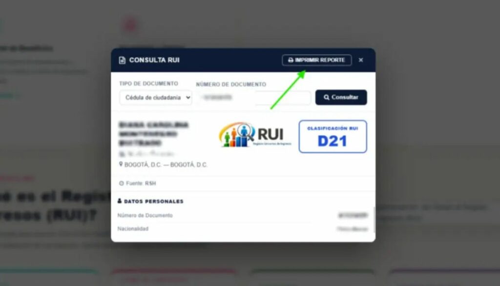 Opción para imprimir RUI / página: ventanilla social