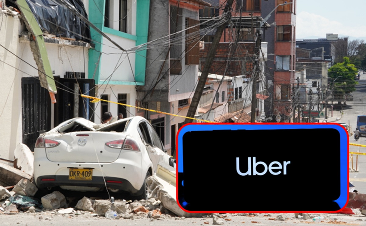 De fondo, imagen ilustrativa del terremoto; resaltado, el logo de Uber