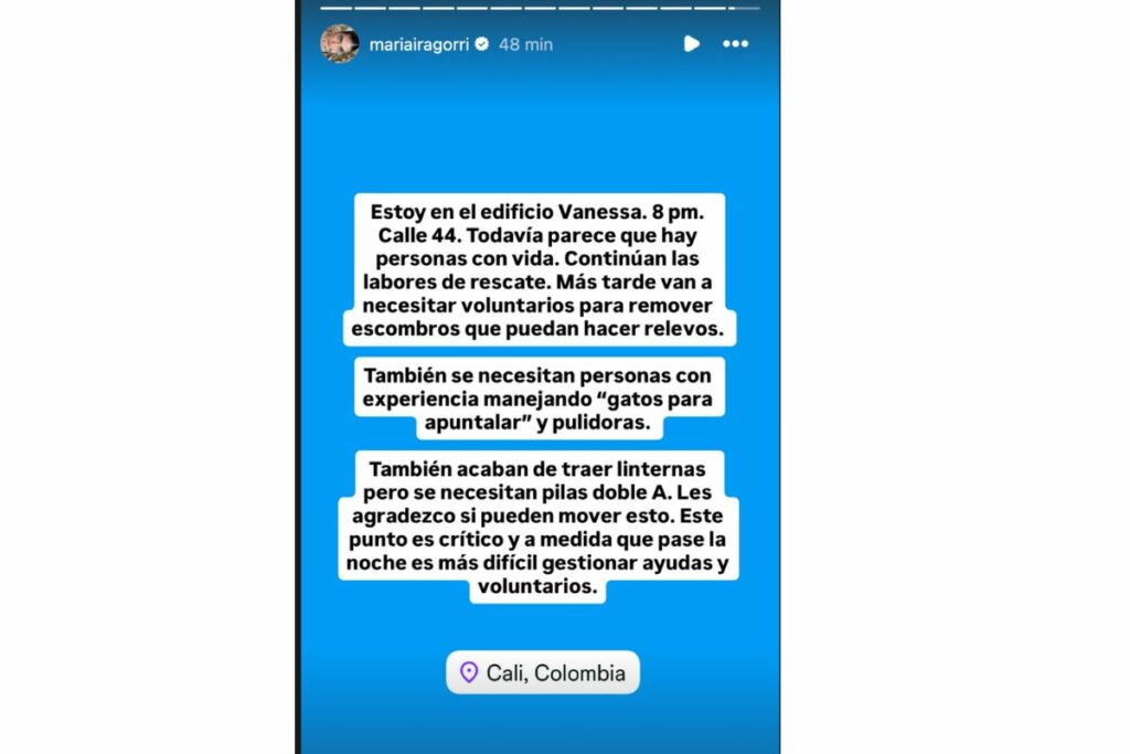 Piden rescatistas en Cali/ IG: María Iragorri