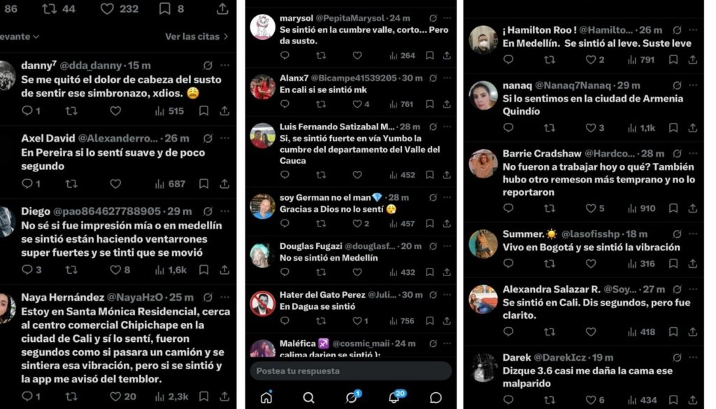 Reacciones sobre el temblor en Colombia de magnitud 3.6. Istmina (pantallazos de X: @sgcol)