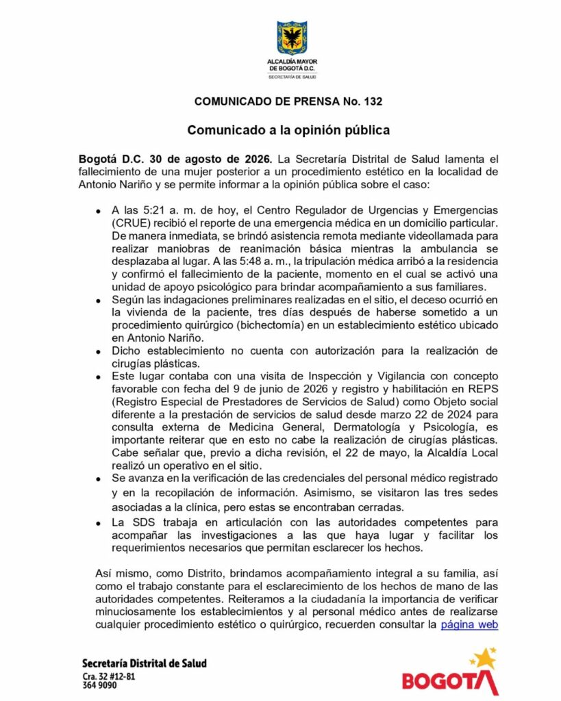Comunicado de la Secretaría Distrital de Salud